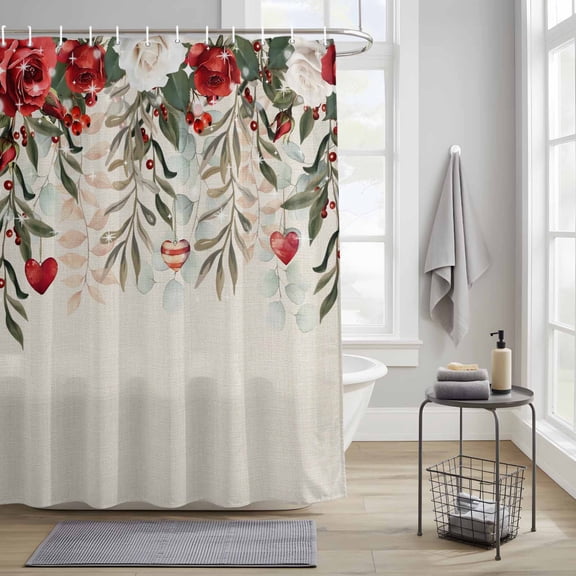 Bathroom Shower Curtain Valentine Romantic Rose Foliage Waterproof Shower Curtains with Hooks, Love Heart Vintage Linen Bath Curtains Bathtub Curtain Home Decor 36x72in