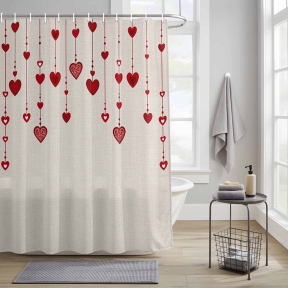 Bathroom Shower Curtain Valentine's Day Love Romantic Heart Pendant Waterproof Shower Curtains with Hooks, Retro Linen Bath Curtains Bathtub Curtain Home Decor 36x72in