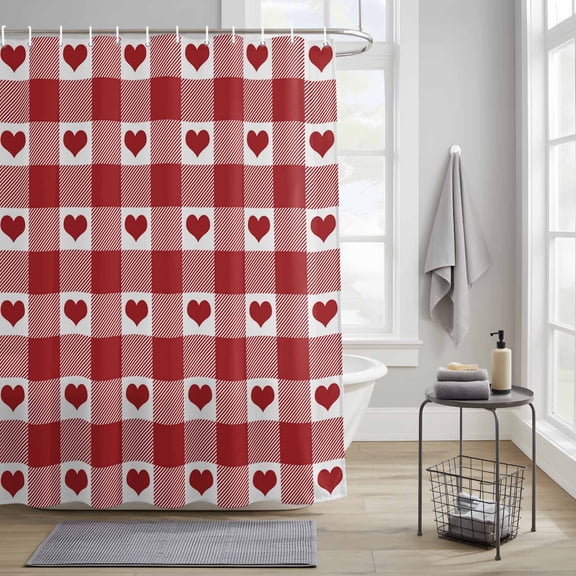 Bathroom Shower Curtain Valentine's Day Red Hearts Waterproof Shower Curtains with Hooks, Romantic Buffalo Lattice Bath Curtains Bathtub Curtain Home Decor 36x72in