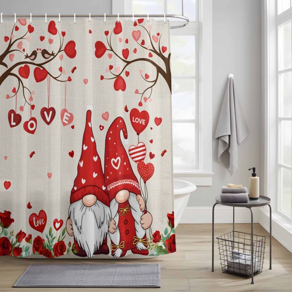 Bathroom Shower Curtain Valentine's Gnome Couple Love Tree with Roses Waterproof Shower Curtains with Hooks, Retro Red Heart Bath Curtains Bathtub Curtain Home Decor 36x72in