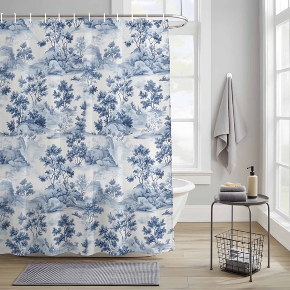 Bathroom Shower Curtain Vintage Blue Garden Tree Mountain Waterproof Shower Curtains with Hooks, Chinoiserie Landscape Bath Curtains Bathtub Curtain Home Decor 36x72in
