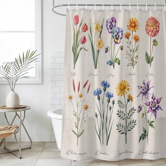Bathroom Shower Curtain Vintage Chic Colored Blooming Flower Waterproof Shower Curtains with Hooks, Retro Burlap Floral Bath Curtains Bathtub Curtain Home Decor 36x72in