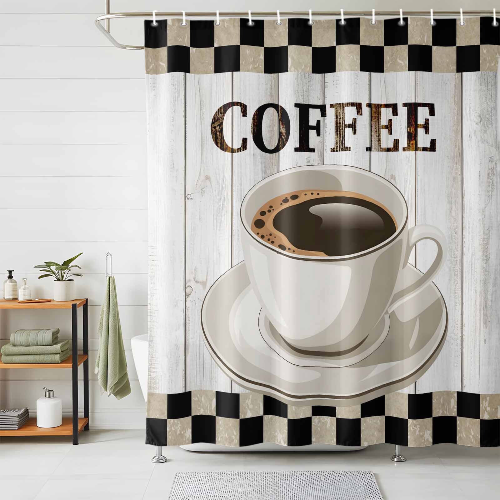 Bathroom Shower Curtain Vintage Coffee Cup Wood Plank Waterproof Shower ...