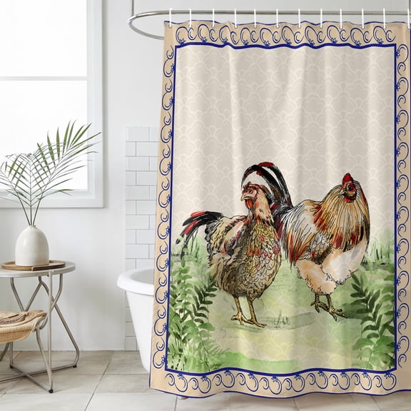 Bathroom Shower Curtain Vintage Farm Hens Chicken Waterproof Shower Curtains with Hooks, Green Grass Retro Ethnic Border Bath Curtains Bathtub Curtain Home Decor 36x72in