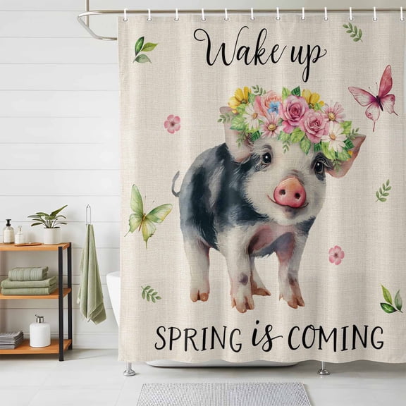 Bathroom Shower Curtain Vintage Farm Pig Flowers Waterproof Shower Curtains with Hooks, Wake up Spring Is Coming Bath Curtains Bathtub Curtain Home Decor 48x72in