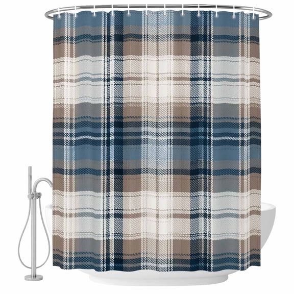 Bathroom Shower Curtain Vintage Geometric Plaid Waterproof Shower Curtains with Hooks, Blue Brown Color Block Bath Curtains Bathtub Curtain Home Decor 60x72in