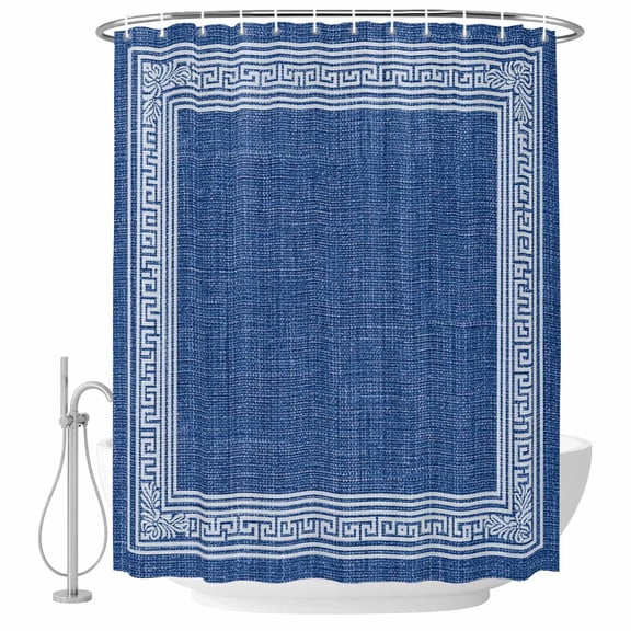 Bathroom Shower Curtain Vintage Key Design Navy Blue Waterproof Shower Curtains with Hooks, Greece Inspired Stripe Bath Curtains Bathtub Curtain Home Decor 60x72in