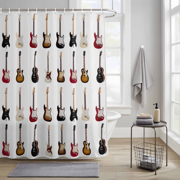 Bathroom Shower Curtain Vintage Musical Instrument Waterproof Shower Curtains with Hooks, Cartoon Guitar Bass Bath Curtains Bathtub Curtain Home Decor 36x72in
