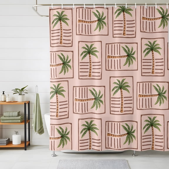 Bathroom Shower Curtain Vintage Olive Green Patterned Palm Trees Waterproof Shower Curtains with Hooks, Plants on Pink Bath Curtains Bathtub Curtain Home Decor 48x72in