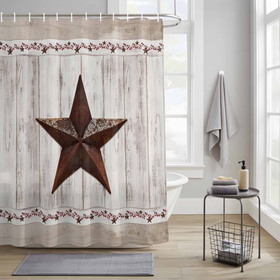 Bathroom Shower Curtain Vintage Texas Star on Grey Wood Grain Waterproof Shower Curtains with Hooks, Farm Wooden Planks Bath Curtains Bathtub Curtain Home Decor 36x72in