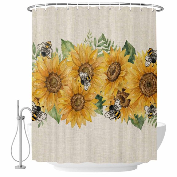 Bathroom Shower Curtain Vintage Watercolor Sunflower Leaves Waterproof Shower Curtains with Hooks, Buffalo Checkered Bees Bath Curtains Bathtub Curtain Home Decor 60x72in