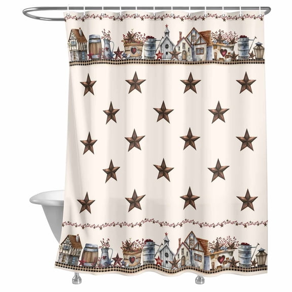 Bathroom Shower Curtain Vintage Western Brown Stars Waterproof Shower Curtains with Hooks, Farmhouse Wooden Barrel Bath Curtains Bathtub Curtain Home Decor 72x72in