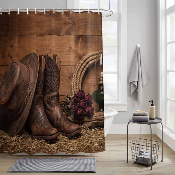 Bathroom Shower Curtain Vintage Western Cowboy Boots Hat Waterproof Shower Curtains with Hooks, Rose Flower Farm Wood Grain Bath Curtains Bathtub Curtain Home Decor 36x72in