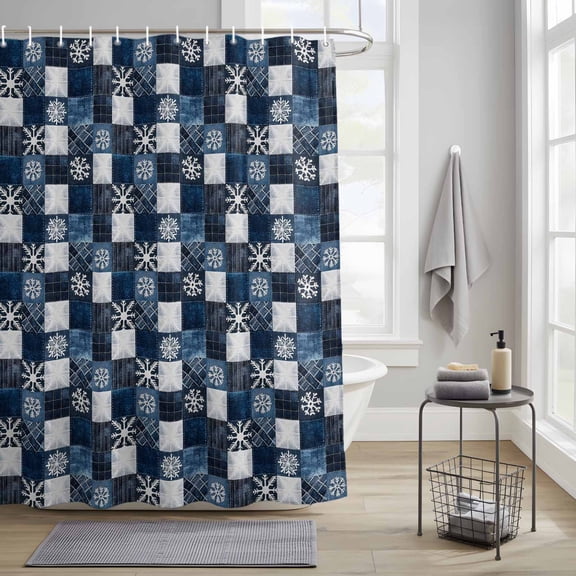 Bathroom Shower Curtain Vintage Winter Snowflake Checkered Waterproof Shower Curtains with Hooks, Blue Plaid Bath Curtains Bathtub Curtain Home Decor 36x72in