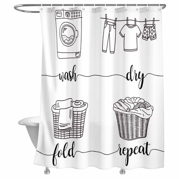 Bathroom Shower Curtain Wash Dry Fold Repeat Words Waterproof Shower Curtains with Hooks, Cartoon Laundry Steps Bath Curtains Bathtub Curtain Home Decor 72x72in