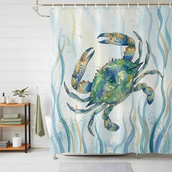 Bathroom Shower Curtain Watercolor Blue Crab Striped Waterproof Shower Curtains with Hooks, Abstract Marine Life Bath Curtains Bathtub Curtain Home Decor 48x72in