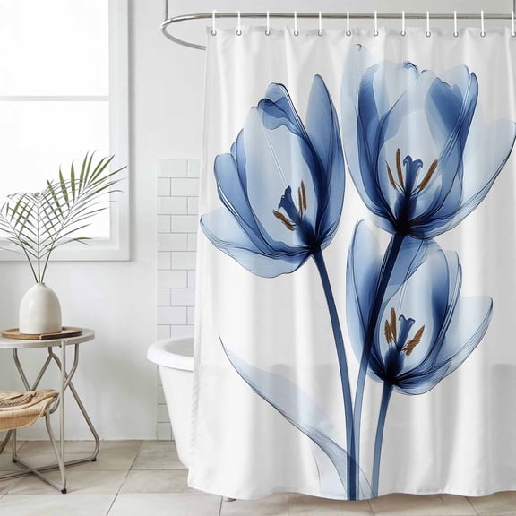 Bathroom Shower Curtain Watercolor Blue Flower Tulip Waterproof Shower Curtains with Hooks, Abstract Country Floral Bath Curtains Bathtub Curtain Home Decor 36x72in