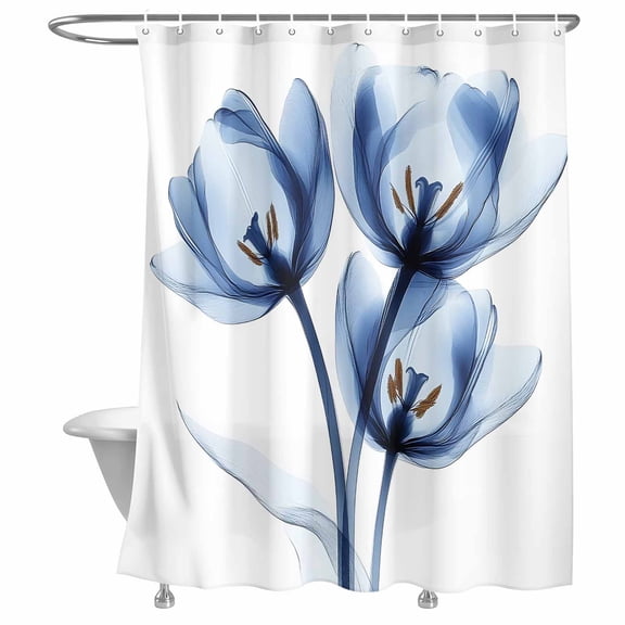Bathroom Shower Curtain Watercolor Blue Flower Tulip Waterproof Shower Curtains with Hooks, Abstract Country Floral Bath Curtains Bathtub Curtain Home Decor 72x72in