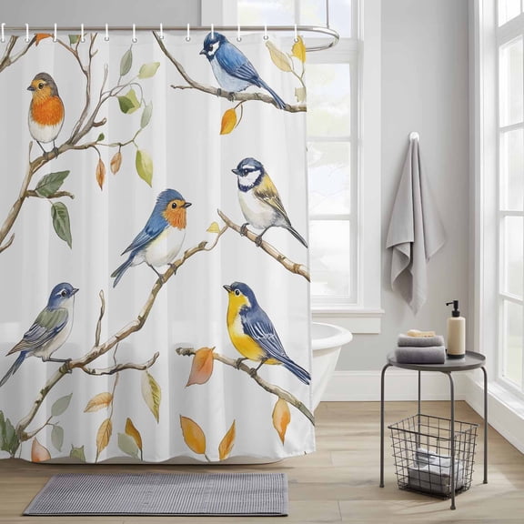 Bathroom Shower Curtain Watercolor Cute Bird on White Waterproof Shower Curtains with Hooks, Spring Branch Leaves Bath Curtains Bathtub Curtain Home Decor 36x72in