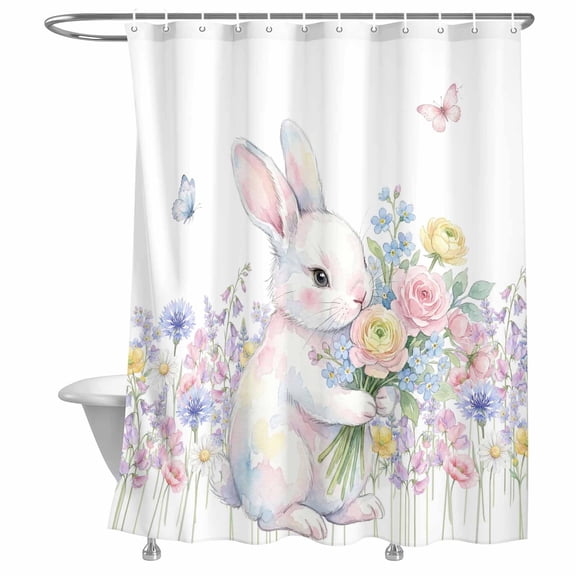Bathroom Shower Curtain Watercolor Easter Rabbits Flower Leaves Waterproof Shower Curtains with Hooks, Spring Butterflies Bath Curtains Bathtub Curtain Home Decor 72x72in
