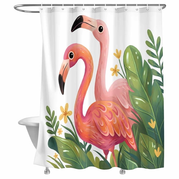 Bathroom Shower Curtain Watercolor Flaming Birds Green Leaves Waterproof Shower Curtains with Hooks, Tropics Plants Bath Curtains Bathtub Curtain Home Decor 72x72in