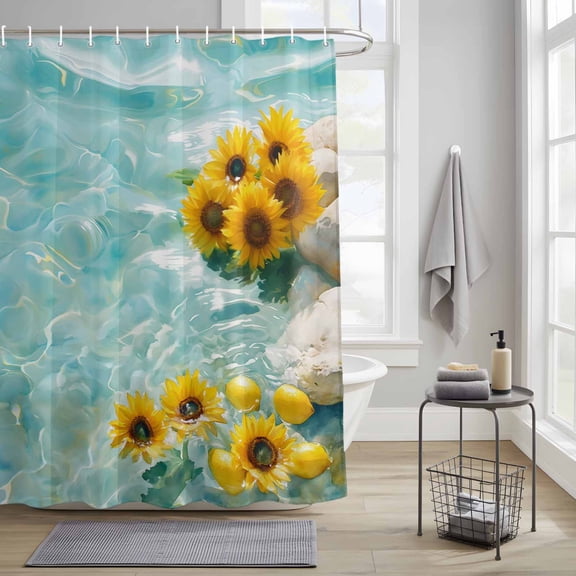 Bathroom Shower Curtain Watercolor Lemon Water Ripple Waterproof Shower Curtains with Hooks, Farmhouse Sunflowers on Lake Bath Curtains Bathtub Curtain Home Decor 36x72in
