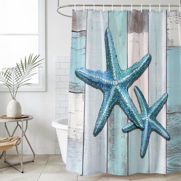 Bathroom Shower Curtain Watercolor Marine Starfish Retro Wood Waterproof Shower Curtains with Hooks, Nautical Ocean Theme Bath Curtains Bathtub Curtain Home Decor 36x72in
