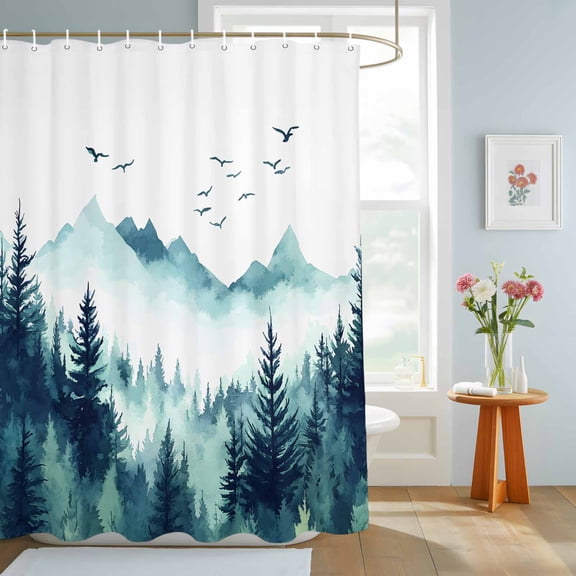Bathroom Shower Curtain Watercolor Mountain Forest Tree Waterproof Shower Curtains with Hooks, Natural Scenic Turquoise Theme Bath Curtains Bathtub Curtain Home Decor 72x84in