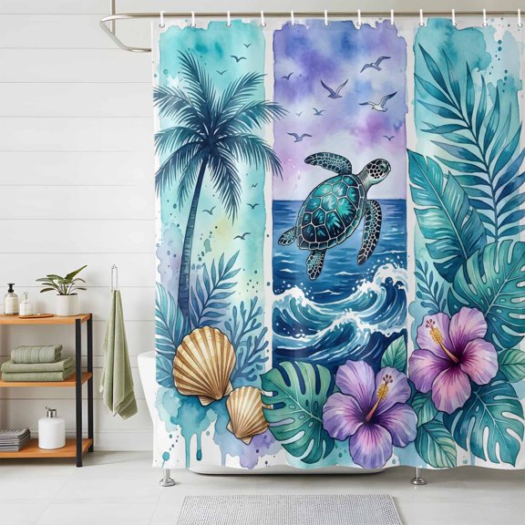 Bathroom Shower Curtain Watercolor Ocean Turtle Flower Waterproof Shower Curtains with Hooks, Shell Hibiscus Monstera Plant Bath Curtains Bathtub Curtain Home Decor 48x72in