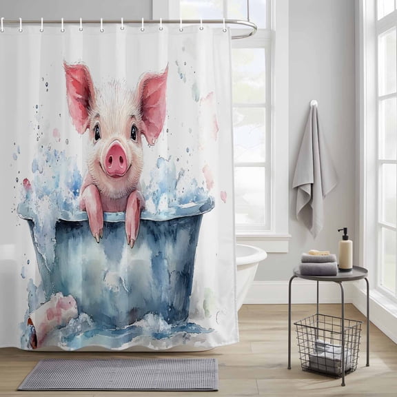 Bathroom Shower Curtain Watercolor Pink Pig Bathtub Waterproof Shower Curtains with Hooks, Abstract Funny Animal Bath Art Bath Curtains Bathtub Curtain Home Decor 36x72in