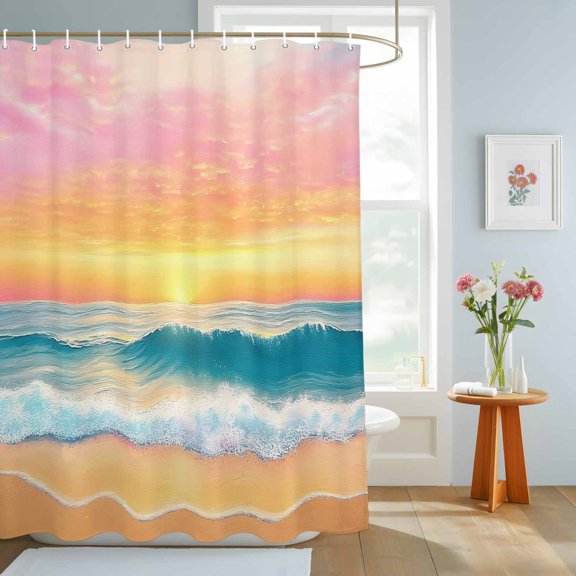 Bathroom Shower Curtain Watercolor Seaside Beach Ocean Waves Waterproof Shower Curtains with Hooks, Orange Sunset Bath Curtains Bathtub Curtain Home Decor 72x84in