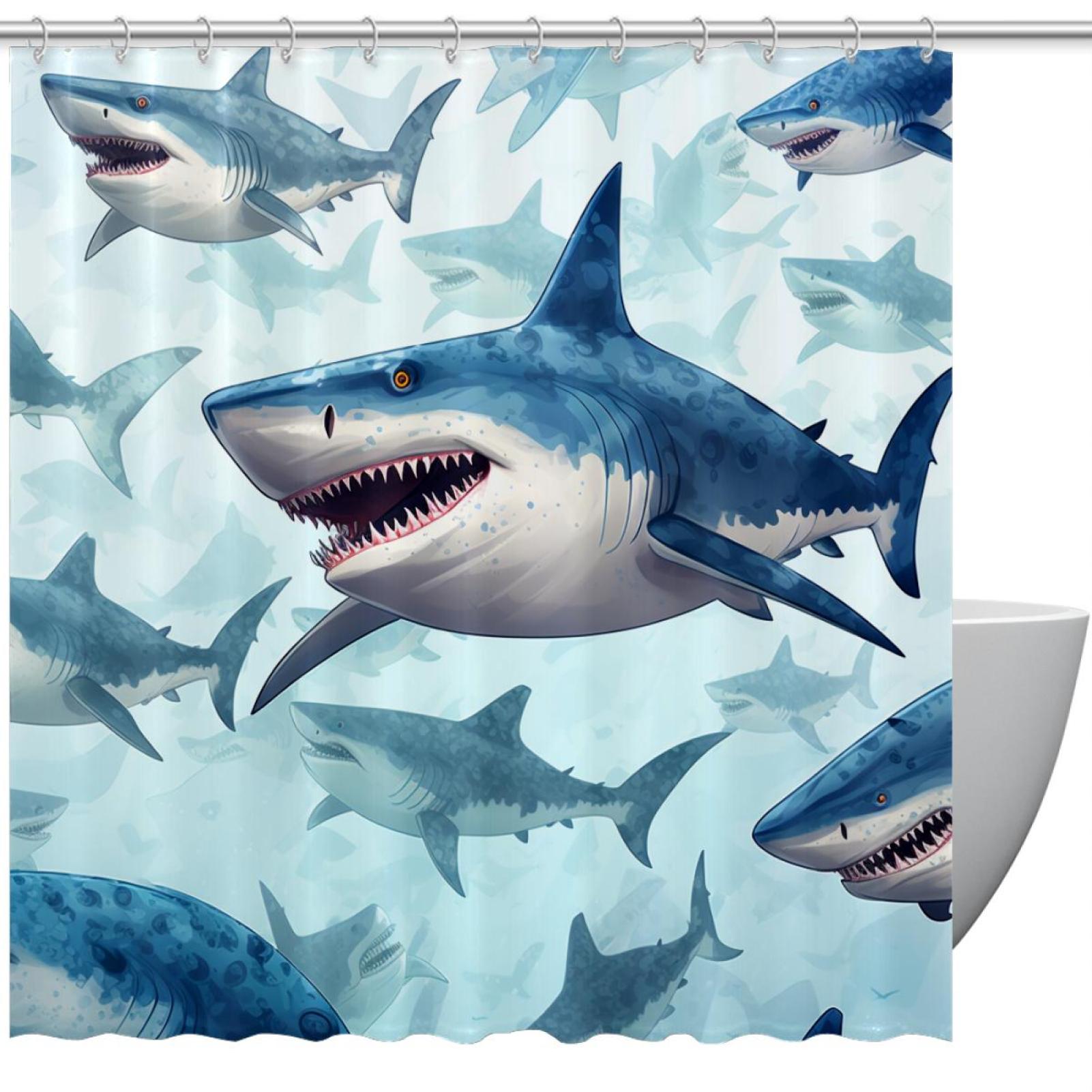 Bathroom Shower Curtain Watercolor Sharks, Waterproof Fabric Shower