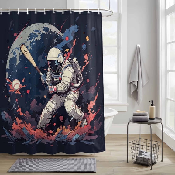 Bathroom Shower Curtain Watercolor Space Man Baseball Sport Waterproof Shower Curtains with Hooks, Universe Planet Art Bath Curtains Bathtub Curtain Home Decor 36x72in