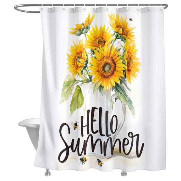 Bathroom Shower Curtain Watercolor Sunflower Bee Floral Waterproof Shower Curtains with Hooks, Hello Summer Quotes