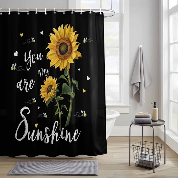 Bathroom Shower Curtain Watercolor Sunflower Bee Love Waterproof Shower Curtains with Hooks, Sunshine Quote Black Back Bath Curtains Bathtub Curtain Home Decor 36x72in