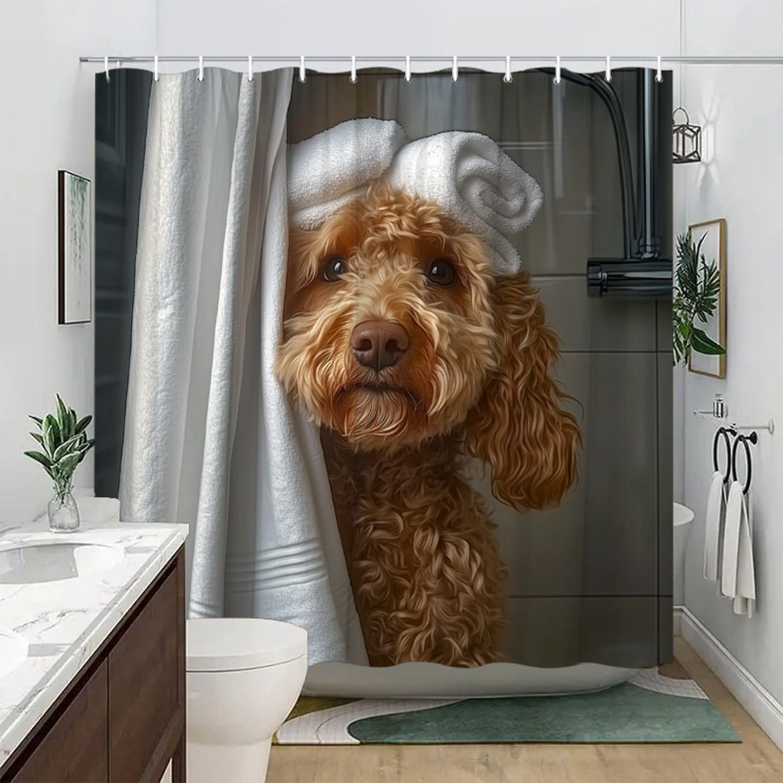 Bathroom Shower Curtain, Waterproof Printed Fabric for Toilet Partition, No Drilling, Includes ...