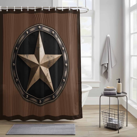 Bathroom Shower Curtain Western Metal Texas Carve Gold Star Waterproof Shower Curtains with Hooks, Vintage Brown Stripe Bath Curtains Bathtub Curtain Home Decor 36x72in