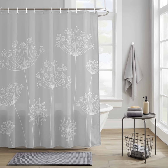 Bathroom Shower Curtain White Dandelion Spring Wildflower Waterproof Shower Curtains with Hooks, Modern Minimalist Gray Bath Curtains Bathtub Curtain Home Decor 36x72in