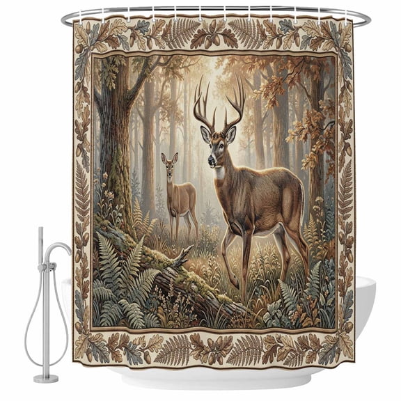 Bathroom Shower Curtain Wild Elk Deer Natural Forest Scene Waterproof Shower Curtains with Hooks, Botanical Leaves Trees Bath Curtains Bathtub Curtain Home Decor 60x72in