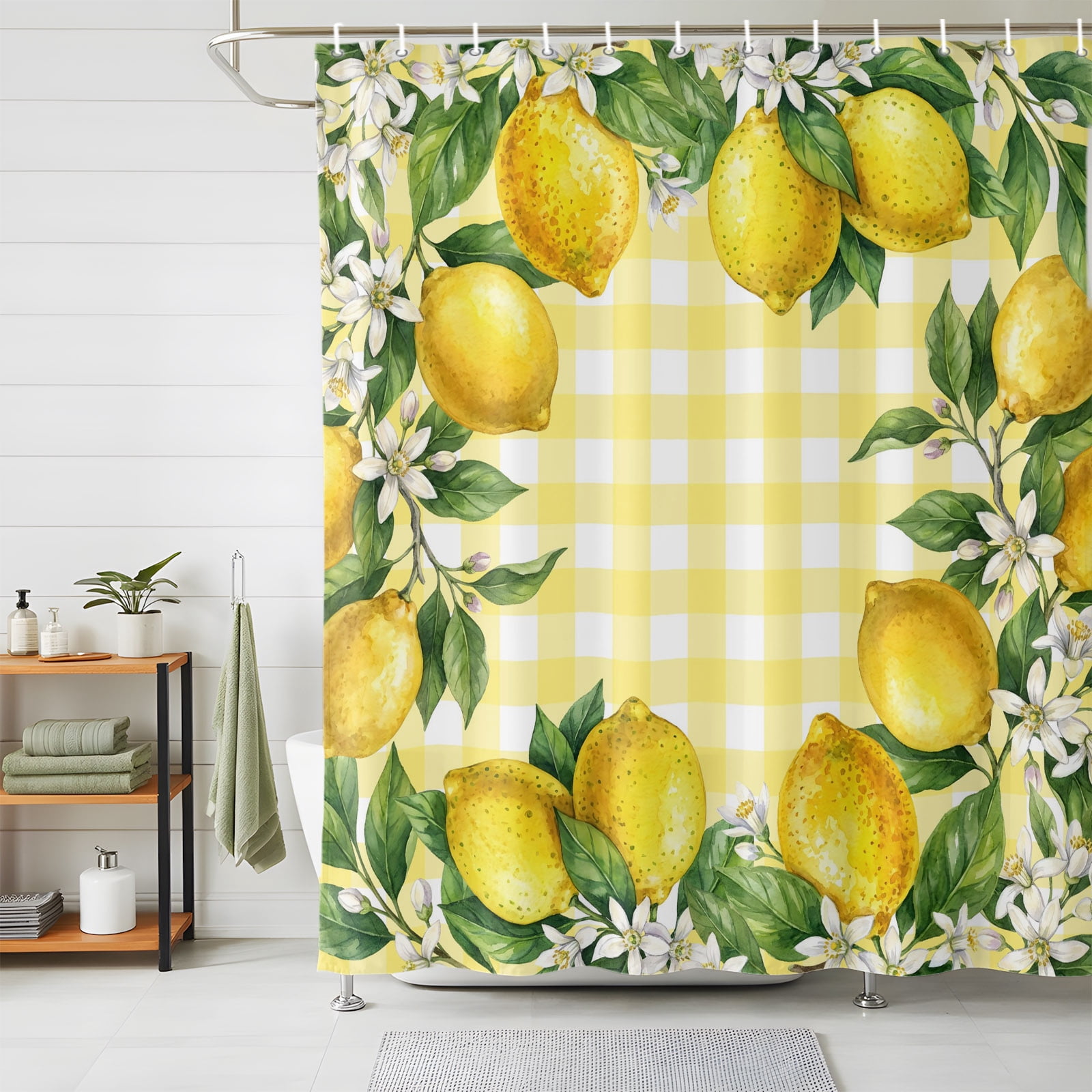 Bathroom Shower Curtain Yellow Lemon White Floral Waterproof Shower