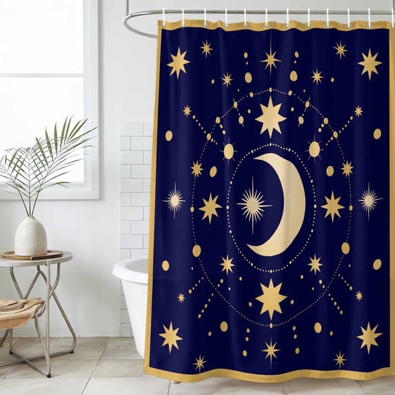 Bathroom Shower Curtain Yellow Moon Star Waterproof Shower Curtains with Hooks, Abstract Polka Dot on Dark Blue Bath Curtains Bathtub Curtain Home Decor 36x72in