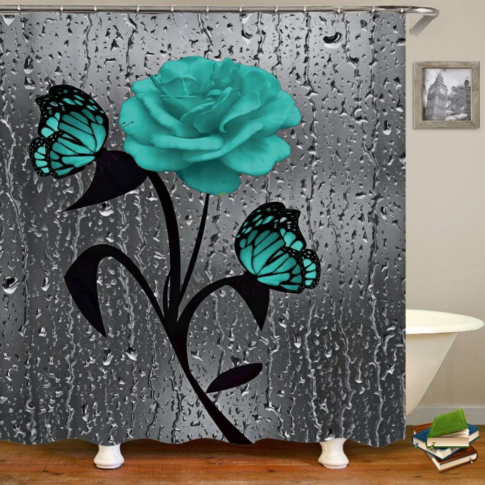 Bathroom Shower Curtains, Green Rose Flower Butterfly Raindrop ...