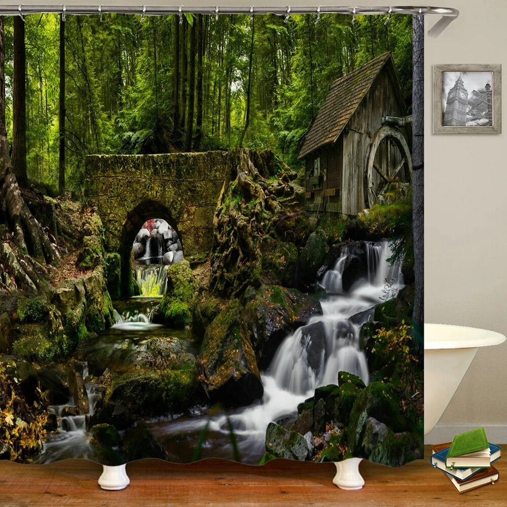 Bathroom Shower Curtains Natural Forest Waterfall Tree Scenery Bath