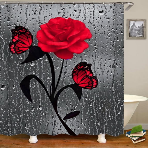 Bathroom Shower Curtains, Red Rose Flower Butterfly Raindrop Waterproof Polyester Fabric Shower Curtain Sets Bathroom Curtains with 12Hooks (Red, 72X72 inch)
