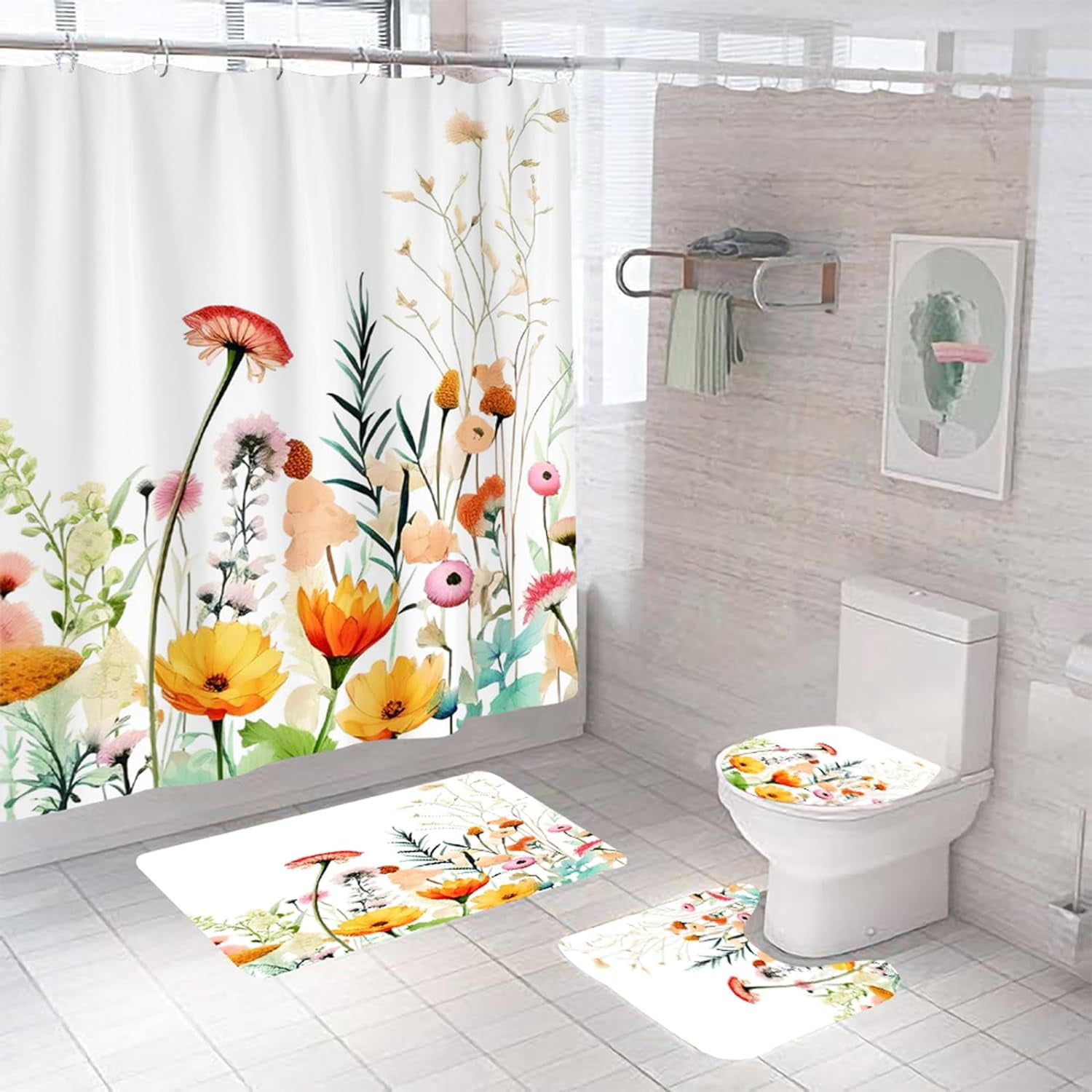 Bathroom Shower Curtains set 4 PCS Sets, Waterproof Fabric Bathroom Curtain with 12 Hooks ...