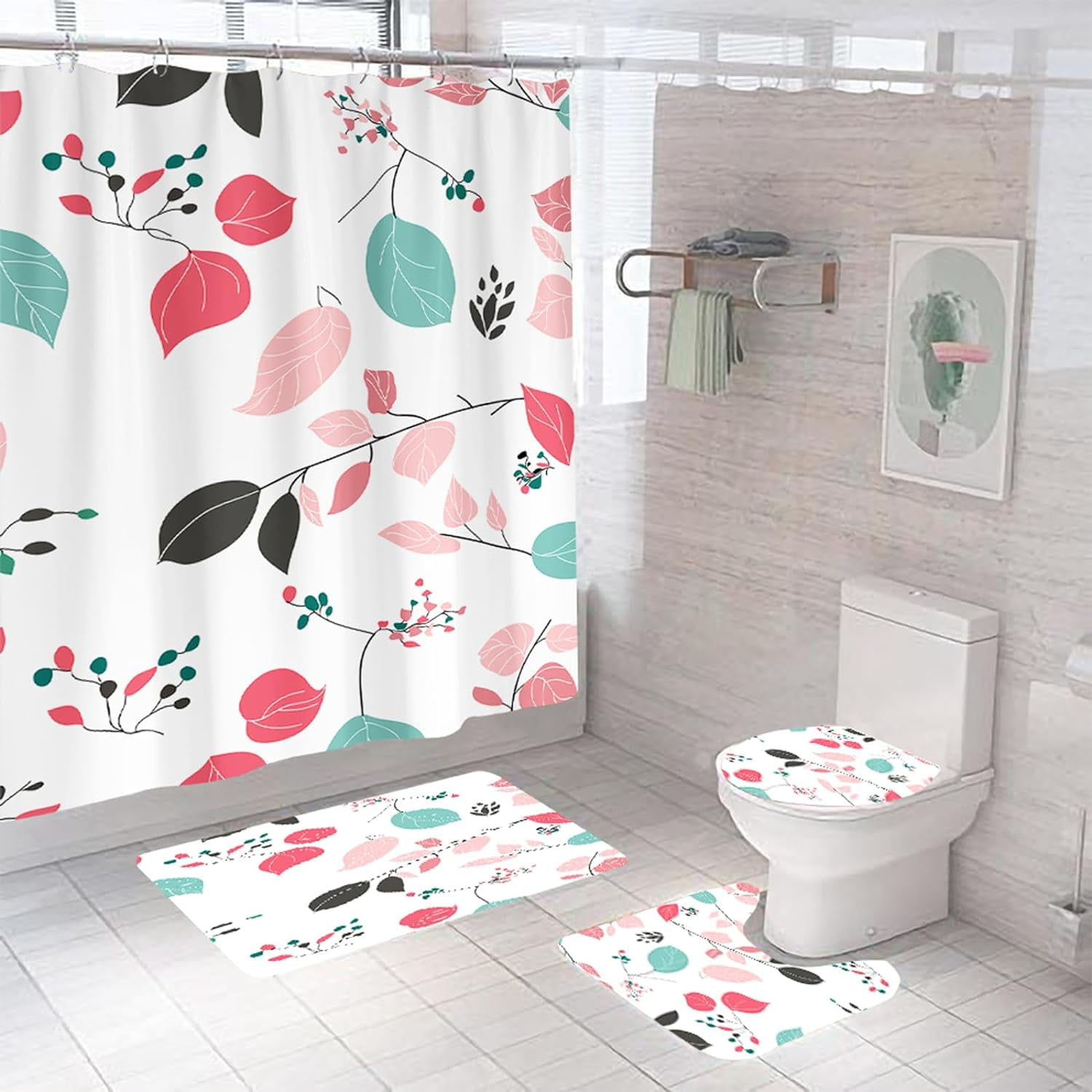 Bathroom Shower Curtains set, Waterproof Fabric Bathroom Curtain with 12 Hooks, Toilet Lid Cover ...