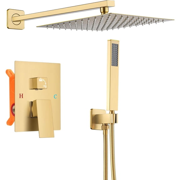 Bathroom Shower Faucet Rain Shower Head with Handheld Spray,Brass Shower Valve Trim Kit,Wall Mounted Square Rain Shower System (Brushed Gold)