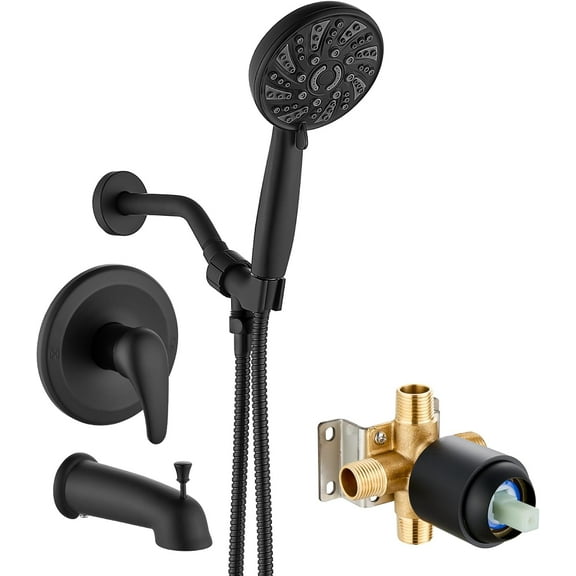 Bathroom Shower Head Kit High Pressure Combo System Shower Faucet 6 Modes ABS Handheld Spray Shower Trim Kit Valve Included Shower Head and Handle Set Matte Black