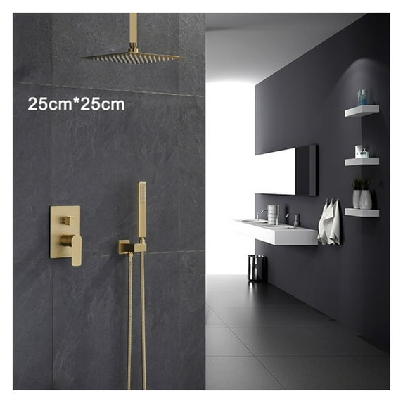 Bathroom Shower Set Brushed Gold Square Rainfall Shower Faucet Wall or Ceiling Wall Mounted Shower Mixer 8-12" Shower Head