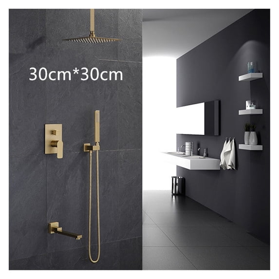 Bathroom Shower Set Brushed Gold Square Rainfall Shower Faucet Wall or ...
